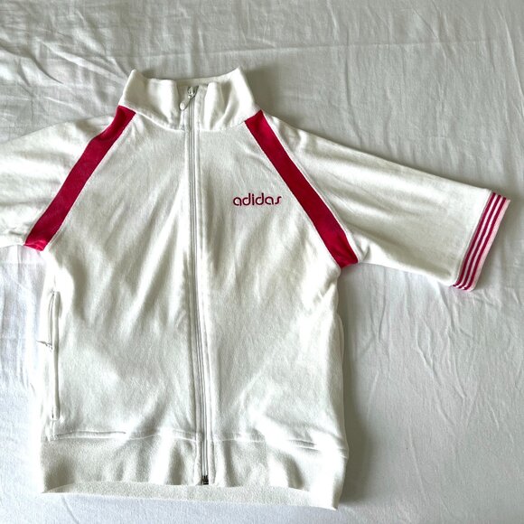 Vintage Y2K Pink & White Velvet Adidas Short Sleeve Zip Jacket - Picture 1 of 4